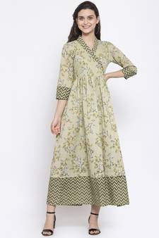 Green printed cotton maxi-dresses