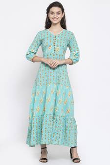 Teal printed cotton maxi-dresses