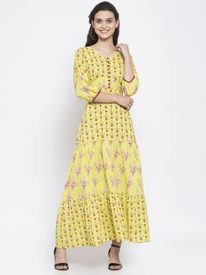 Yellow printed cotton maxi-dresses 1