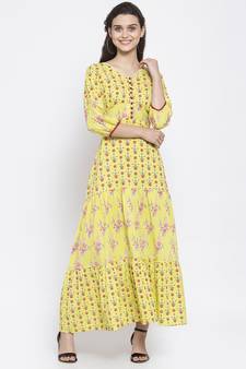 Yellow printed cotton maxi-dresses
