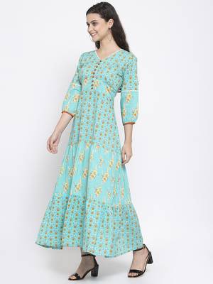 Teal printed cotton maxi-dresses 4