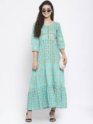 Teal printed cotton maxi-dresses 5