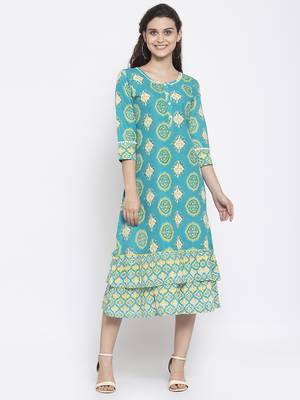 Teal printed cotton short-dresses 1