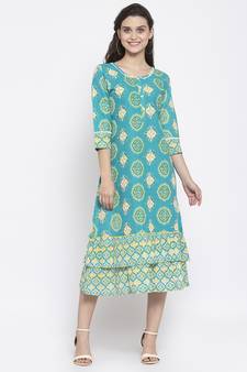 Teal printed cotton short-dresses