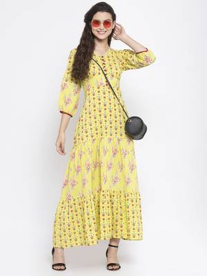 Yellow printed cotton maxi-dresses 5
