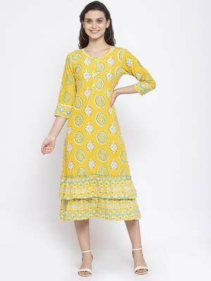 Yellow printed cotton short-dresses 1