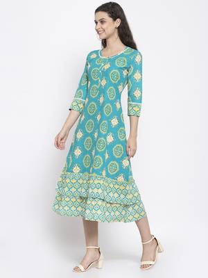 Teal printed cotton short-dresses 4