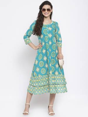 Teal printed cotton short-dresses 5