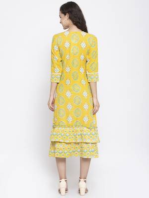 Yellow printed cotton short-dresses 2