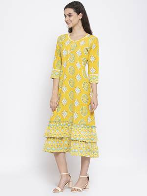Yellow printed cotton short-dresses 4