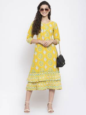 Yellow printed cotton short-dresses 5
