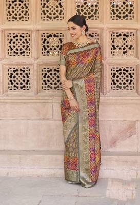 Grey printed silk saree with blouse 1