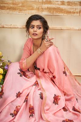 Peach printed georgette saree with blouse 1