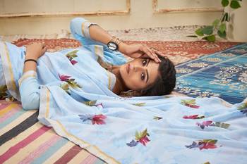 Sky blue printed georgette saree with blouse 1