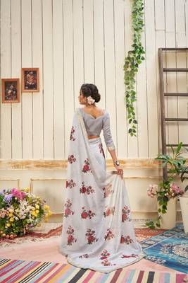 Grey printed georgette saree with blouse 1
