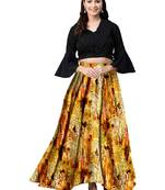 Black Silk Blend Solid Crop Top with Satin Long Skirt Set 