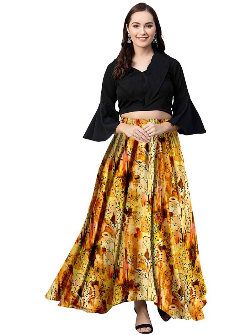 Black Silk Blend Solid Crop Top with Satin Long Skirt Set 