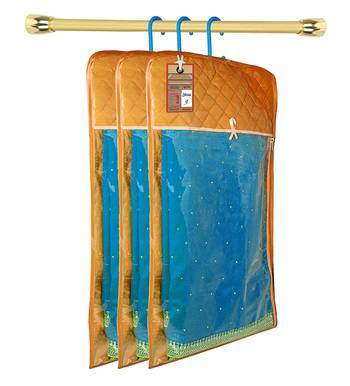 atorakushon Satin Gold Hanging Saree Cover Wardrobe Cloth organizer for Storage Rack Garment Storage Bags Pack of 3 1
