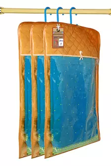 atorakushon Satin Gold Hanging Saree Cover Wardrobe Cloth organizer for Storage Rack Garment Storage Bags Pack of 3
