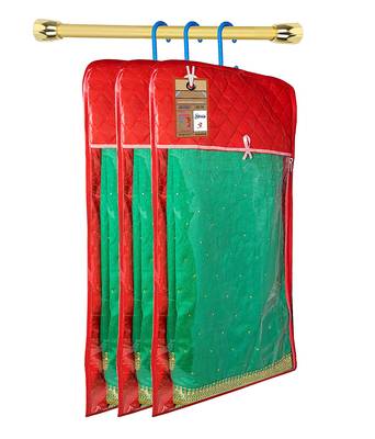 atorakushon Satin Maroon Hanging Saree Cover Wardrobe Cloth organizer for Storage Rack Garment Storage Bags Pack of 3 1