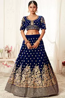 Gorgeous Navy Blue Zari Embroidered Wedding Bridal Velvet Lehenga Choli with Dupatta