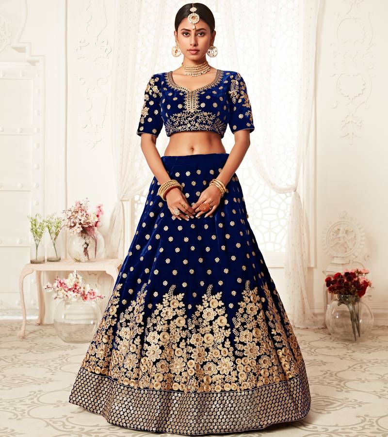 Gorgeous Navy Blue Zari Embroidered Wedding Bridal Velvet Lehenga Choli with Dupatta