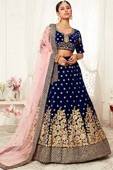 Gorgeous Navy Blue Zari Embroidered Wedding Bridal Velvet Lehenga Choli with Dupatta