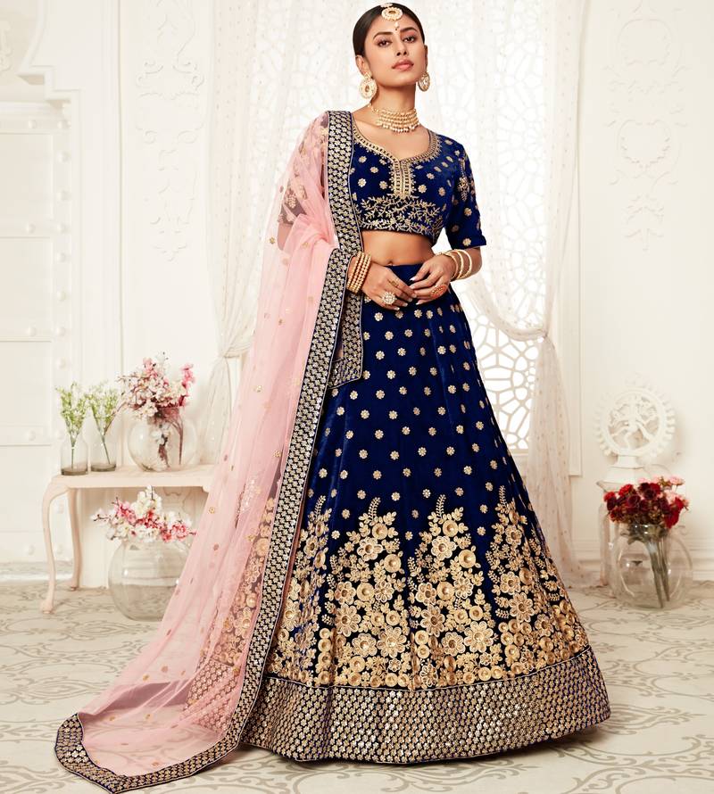 Gorgeous Navy Blue Zari Embroidered Wedding Bridal Velvet Lehenga Choli with Dupatta