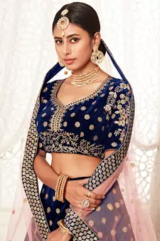 Gorgeous Navy Blue Zari Embroidered Wedding Bridal Velvet Lehenga Choli with Dupatta