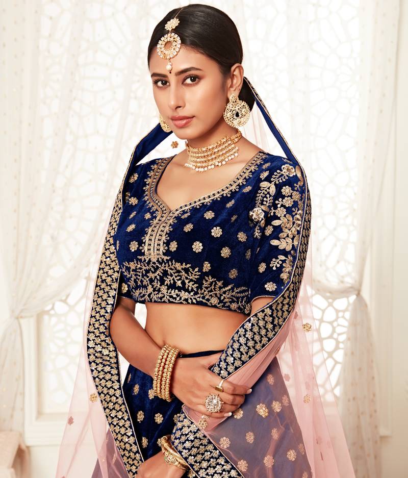 Gorgeous Navy Blue Zari Embroidered Wedding Bridal Velvet Lehenga Choli with Dupatta