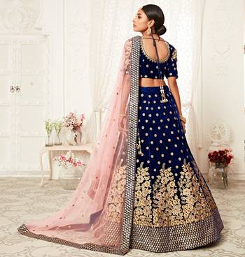 Gorgeous Navy Blue Zari Embroidered Wedding Bridal Velvet Lehenga Choli with Dupatta 5
