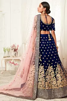 Gorgeous Navy Blue Zari Embroidered Wedding Bridal Velvet Lehenga Choli with Dupatta