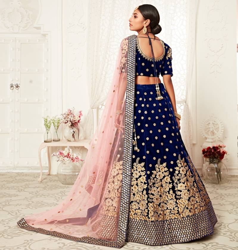 Gorgeous Navy Blue Zari Embroidered Wedding Bridal Velvet Lehenga Choli with Dupatta