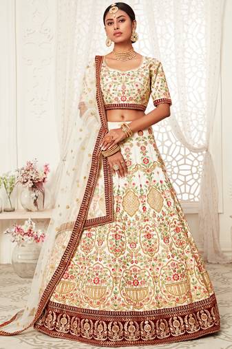 Marvelous Off-white Art Silk Embroidered Lehenga Choli with Diamond Work