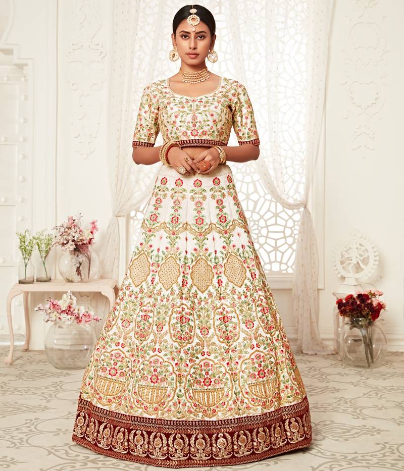Marvelous Off-white Art Silk Embroidered Lehenga Choli with Diamond Work