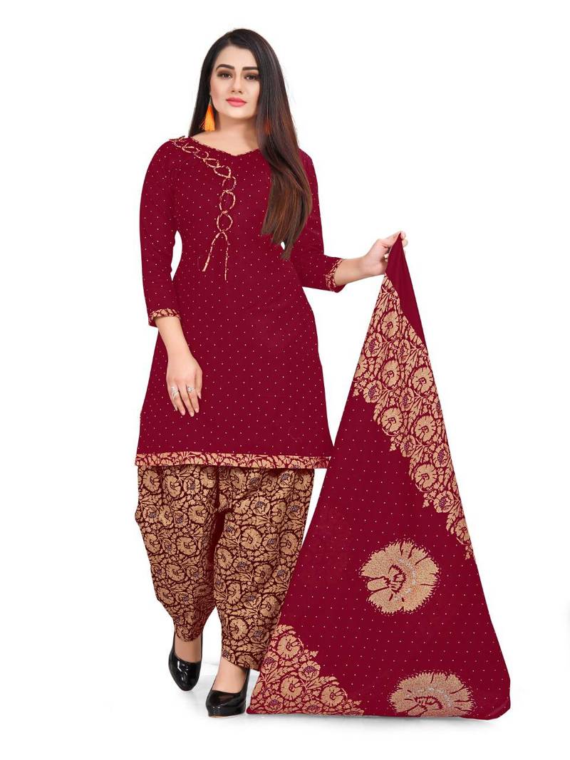 Fab Kudi Women's Maroon Color Cotton printed unstitched salwar suit material