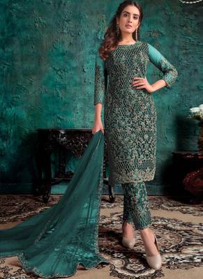 Dark Teal Net Pakistani Salwar Kameez 1
