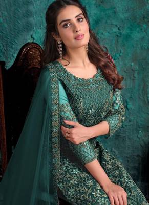 Dark Teal Net Pakistani Salwar Kameez 2