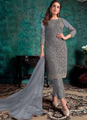 Grey Net Pakistani Salwar Kameez 1