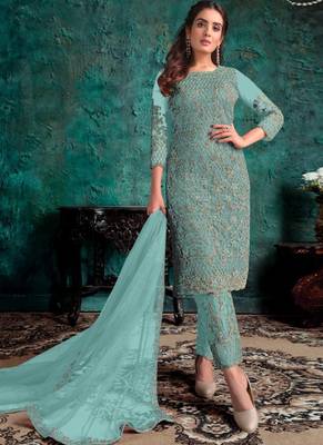 Sky Blue Net Pakistani Salwar Kameez 1
