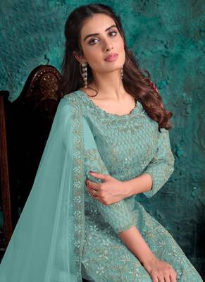 Sky Blue Net Pakistani Salwar Kameez 2