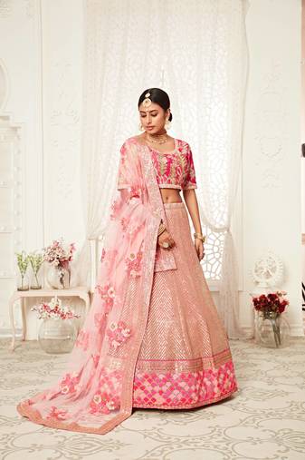 Unique Pink Zari Embroidery Soft Net Wedding Bridal Lehenga Choli