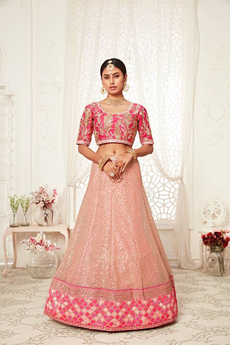 Unique Pink Zari Embroidery Soft Net Wedding Bridal Lehenga Choli
