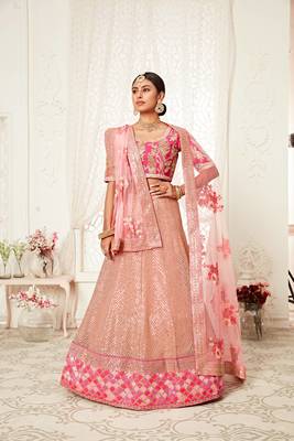 Unique Pink Zari Embroidery Soft Net Wedding Bridal Lehenga Choli 3