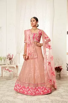 Unique Pink Zari Embroidery Soft Net Wedding Bridal Lehenga Choli