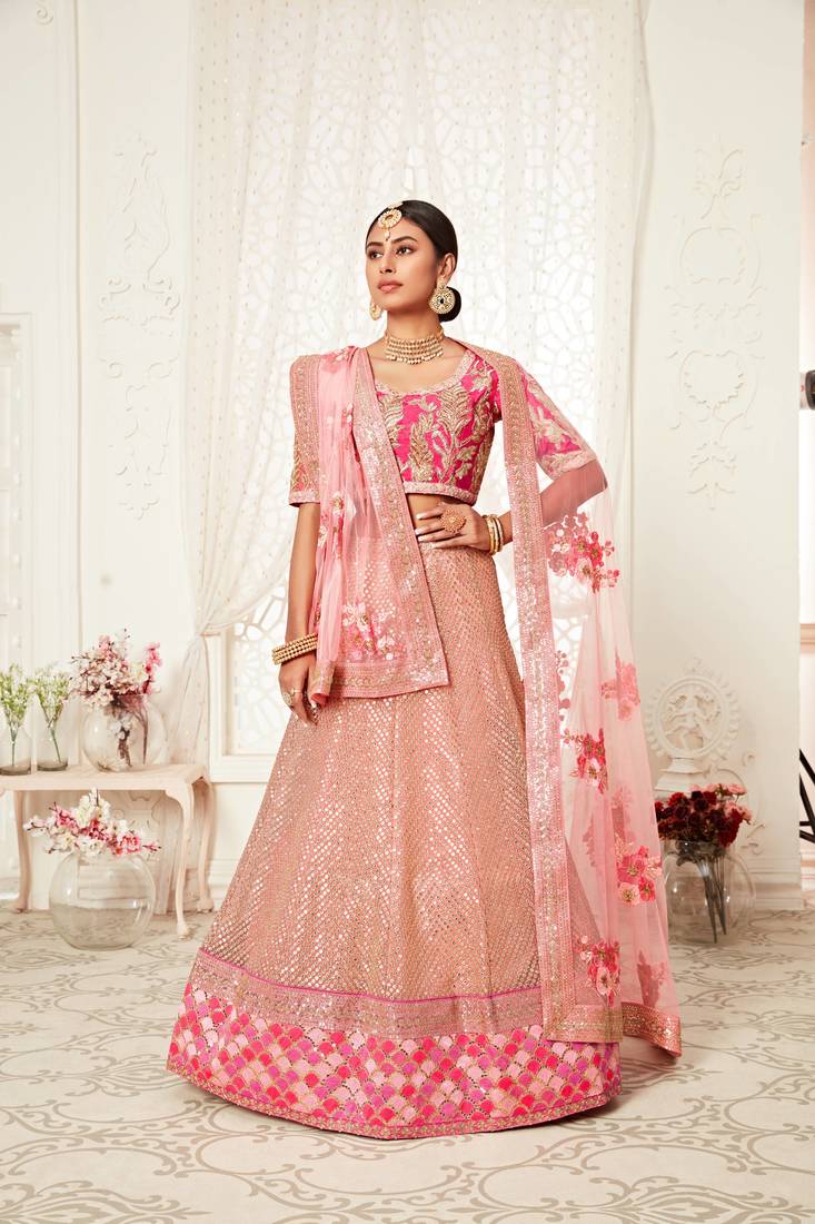 Unique Pink Zari Embroidery Soft Net Wedding Bridal Lehenga Choli