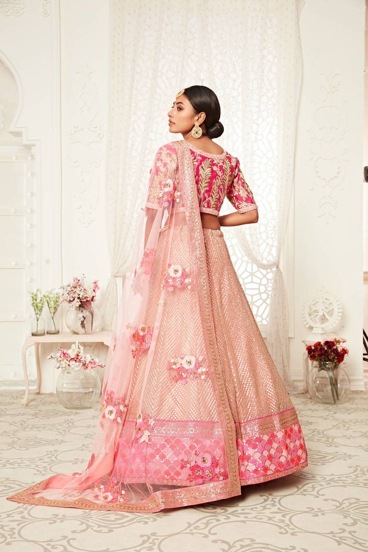 Unique Pink Zari Embroidery Soft Net Wedding Bridal Lehenga Choli