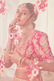 Unique Pink Zari Embroidery Soft Net Wedding Bridal Lehenga Choli