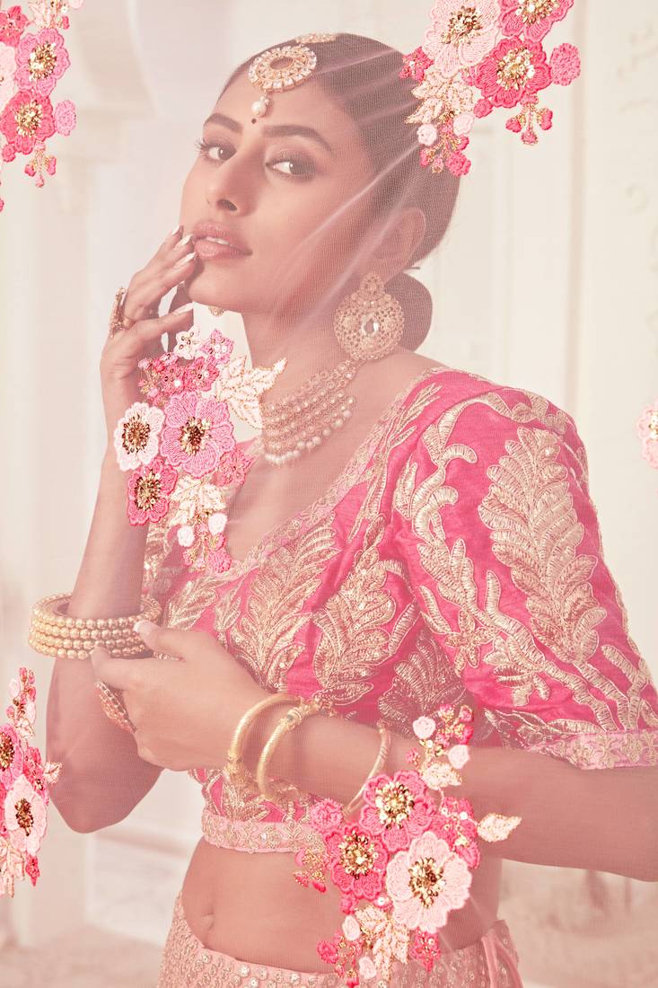 Unique Pink Zari Embroidery Soft Net Wedding Bridal Lehenga Choli