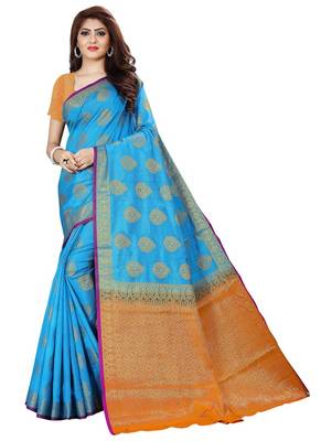 Sky Blue Kanjivaram Silk Weaving Designer Saree 1